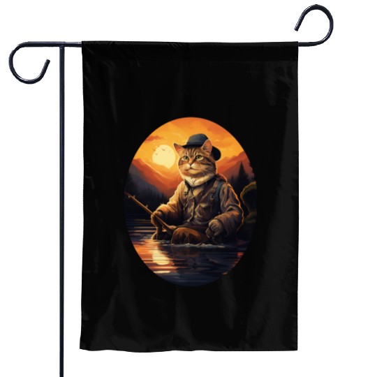 Cat On Fish Cat Fisherman Garden Flags