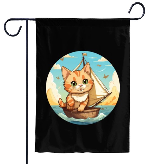 Sailing Cat on Sailboat, Sunset Animal Design Garden Flags