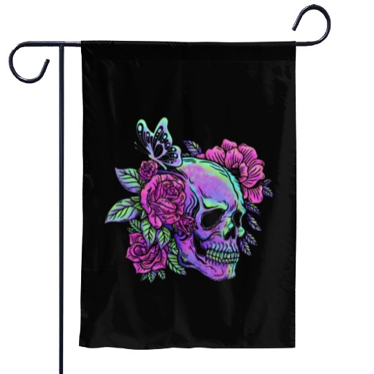 Skeleton Garden Flags, Neon Skull Roses Gothic Skeleton