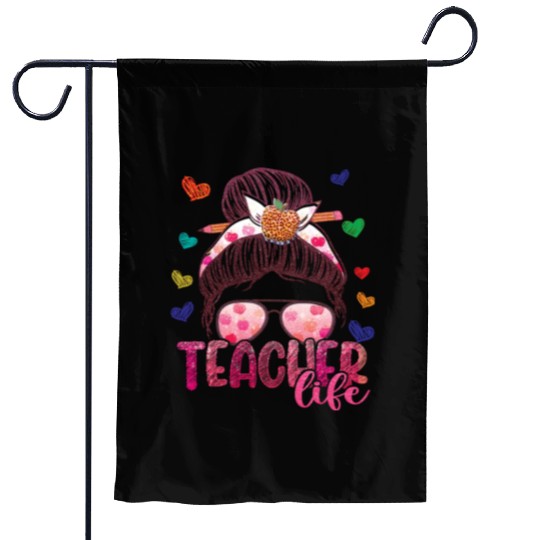 Messy Bun Teacher Life Happy First Day of School Garden Flags