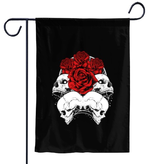 Gothic Garden Flags, Skull Red Roses Goth Vintage Grunge