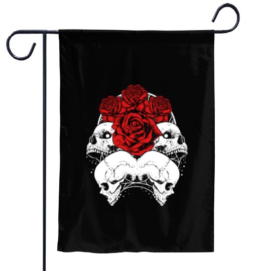 Gothic Garden Flags, Skull Red Roses Goth Vintage Grunge