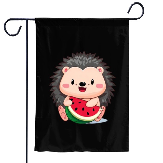 Happy hedgehog enjoys watermelon Garden Flags