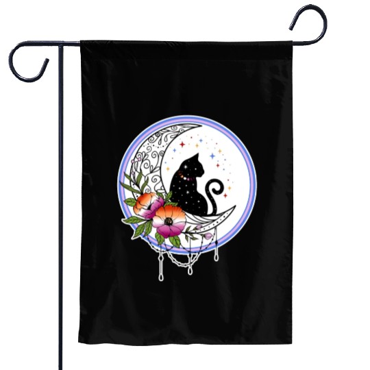 Galaxy Cat and Flowers in Lesbian Flag Colors Garden Flags