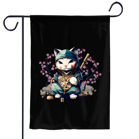 Samurai Cat Anime Kawaii Japanese Style Garden Flags