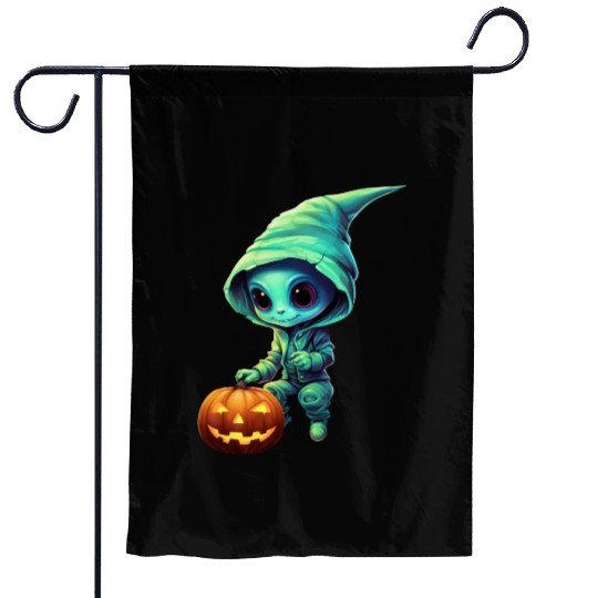Halloween Alien with Pumpkin - Green Garden Flags