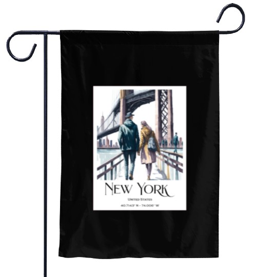 Watercolor painting loving couple in New York City Garden Flags