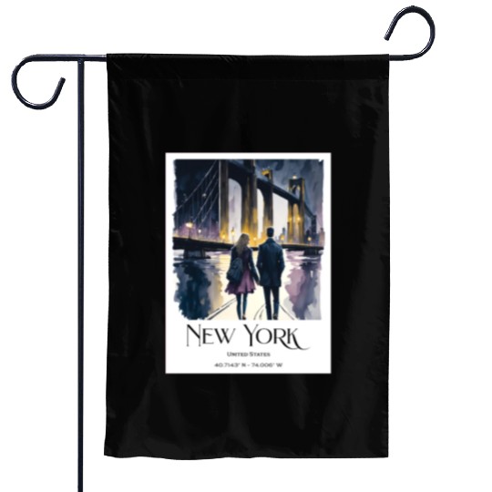 Watercolor painting loving couple in New York City Garden Flags