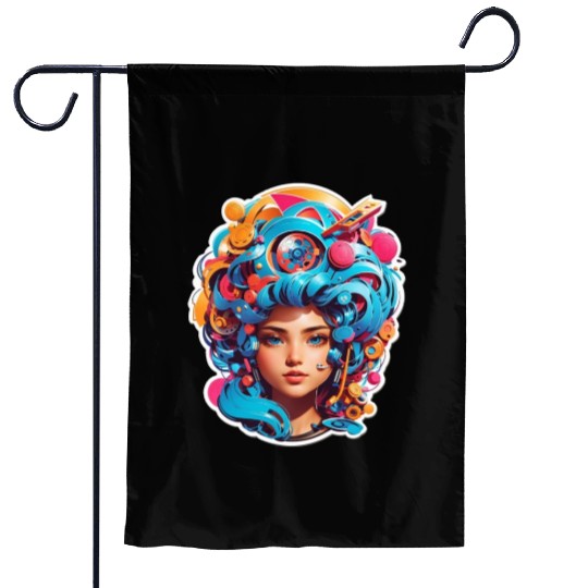 Psychedelic girl with multi color hair. futuristic Garden Flags