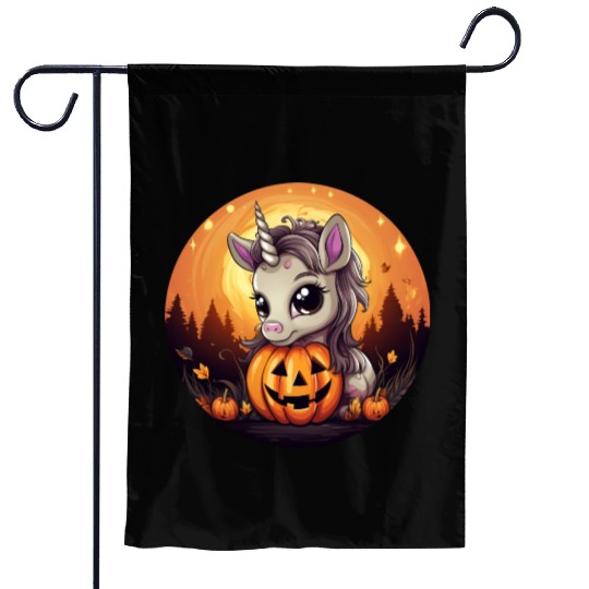 Halloween Unicorn with Pumpkin at Sunset Garden Flags