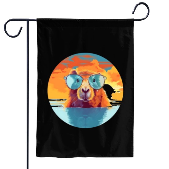 Sunset Serenity: Rustic Capybara Stripe Illustrate Garden Flags