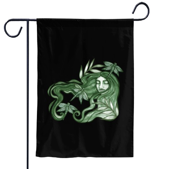 Dragonfly Goddess In Green Garden Flags