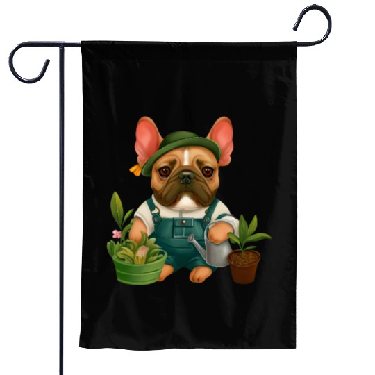 Frenchie The Gardener Drawing Garden Flags