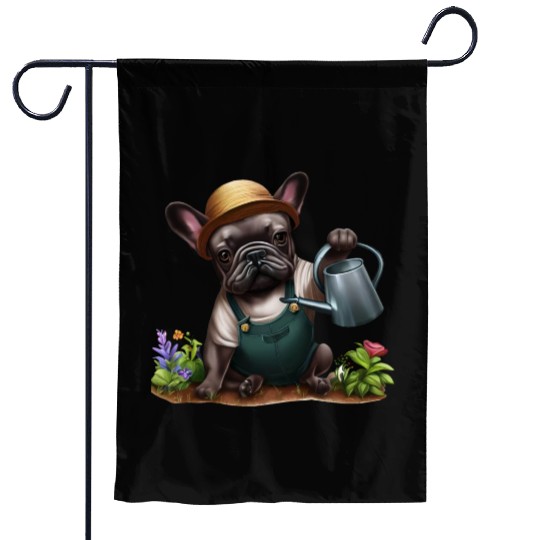Frenchie Playing in the Garden Garden Flags