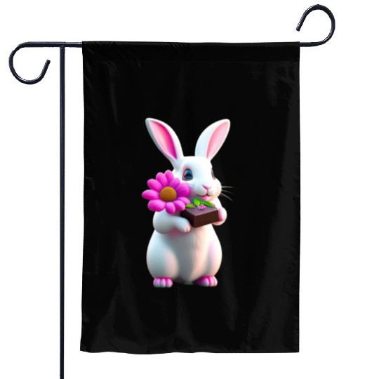3D cute adorable white rabbit with a flower Garden Flags