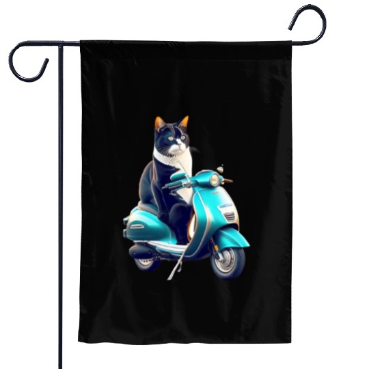 3D cute funny black cat rides a blue motorcycle Garden Flags