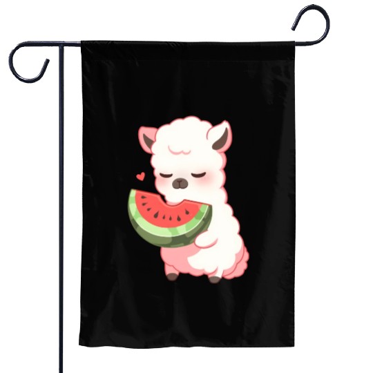 Adorable Kawaii Llama Savoring Sweet Watermelon Garden Flags