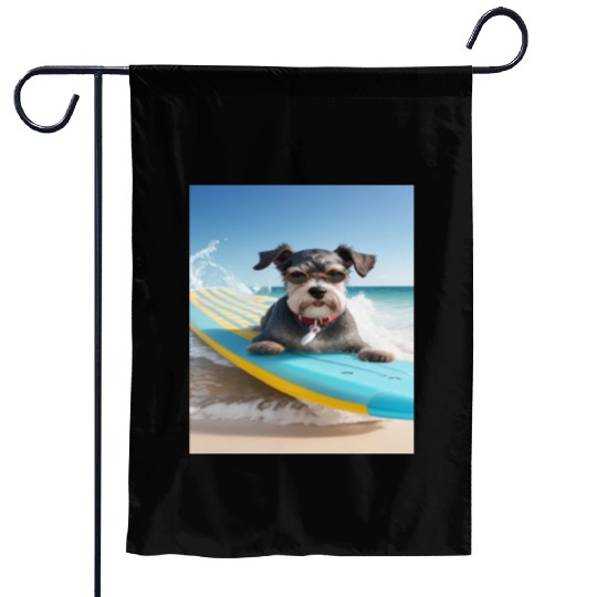 Schnauzer Surfing at Beach On A Surfboard Garden Flags