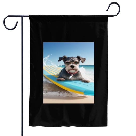 Schnauzer Surfing at Beach On A Surfboard Garden Flags