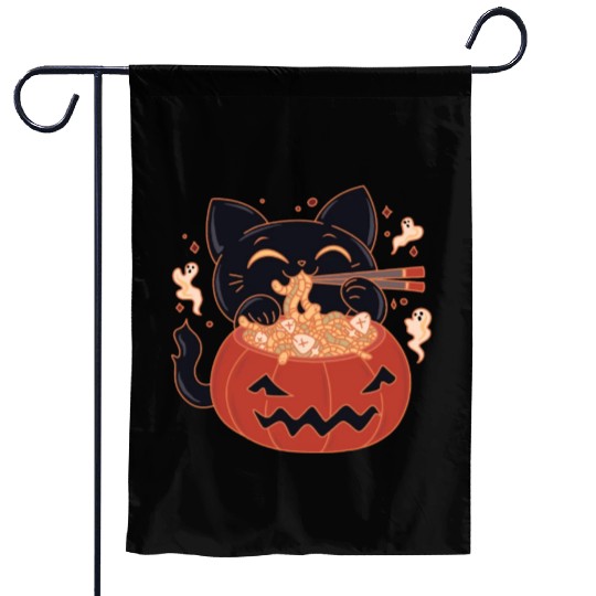Kawaii Creepy black Cat Eating Ramen Noodles Garden Flags
