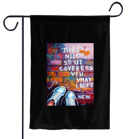 Sneaker Street Art: Rebel Typography on Brick Wal Garden Flags