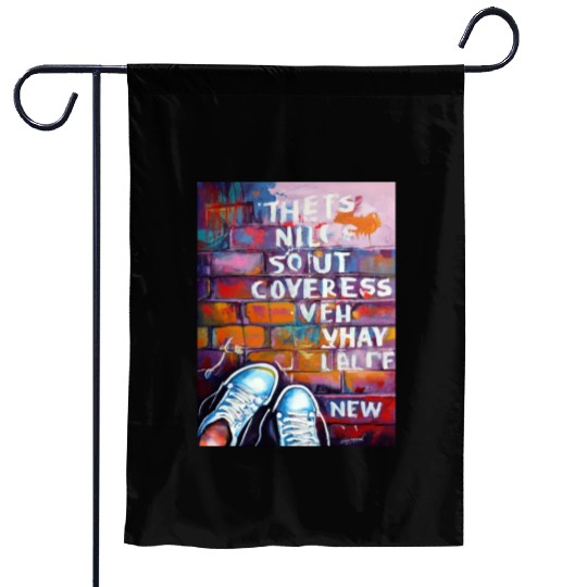 Sneaker Street Art: Rebel Typography on Brick Wal Garden Flags