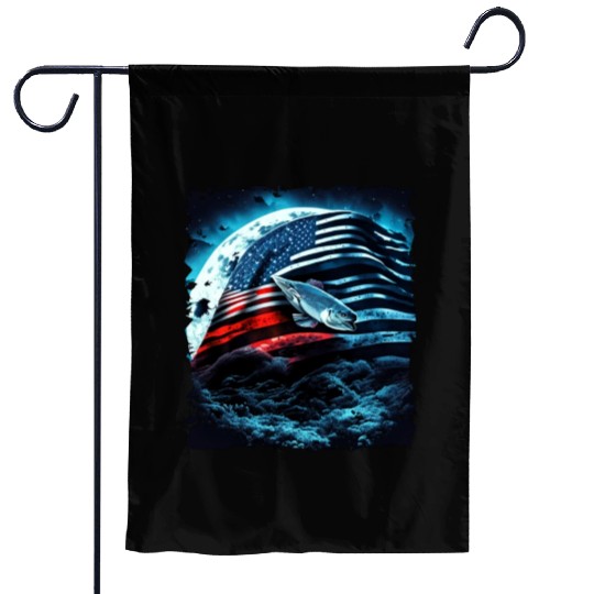 America fish under Moon with American Flag Garden Flags