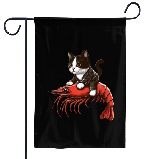 Cat rides shrimp Garden Flags