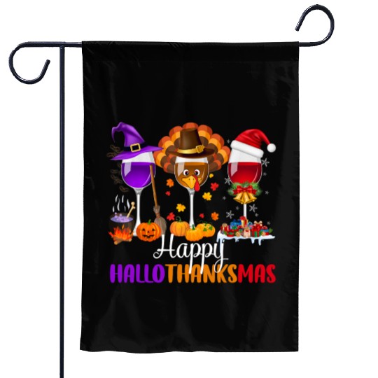 Happy Hallothanksmas Wine Glasses Drinking Lover Garden Flags