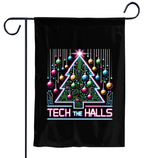 Tech the Halls - Christmas Tree in 8-bit Neon Garden Flags