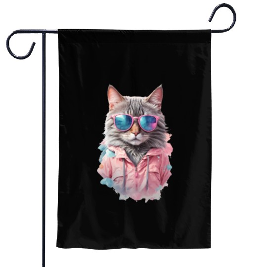 Modern Chic Cat In Pink Pastel Color Garden Flags