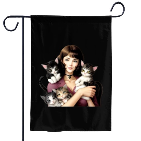 Pretty Cat Lady with Cute Kittens Garden Flags