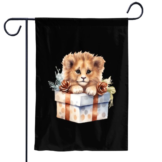 African Lion inside a Christmas gift box Garden Flags