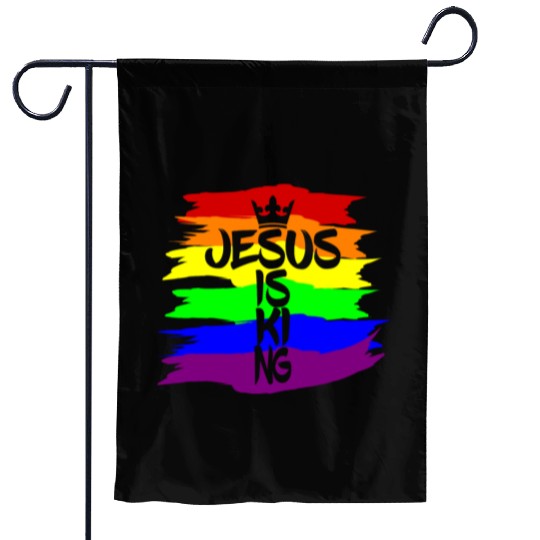 Queer Jesus is King Cross Crown Rainbow Colors Garden Flags