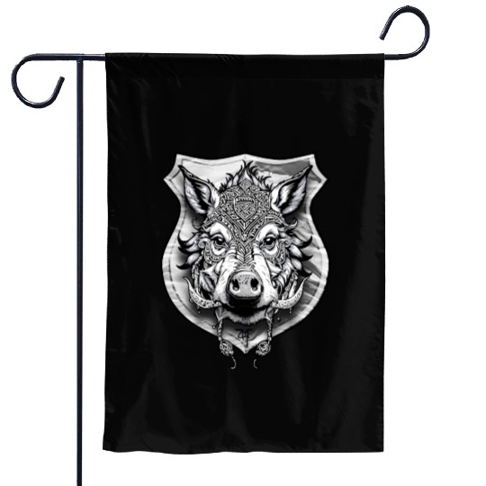 shield with wild boar head - DIGITAL - grayscale Garden Flags