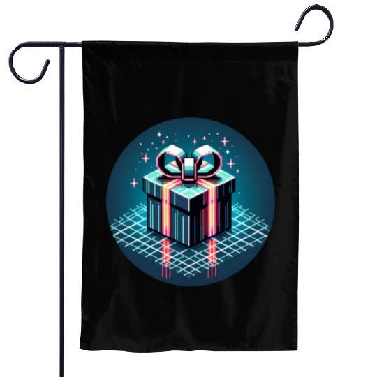 Cyberpunk Pixel Art Gift Box - Neon Ribbons Garden Flags