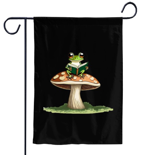 Frog with a Book on Mushroom Garden Flags