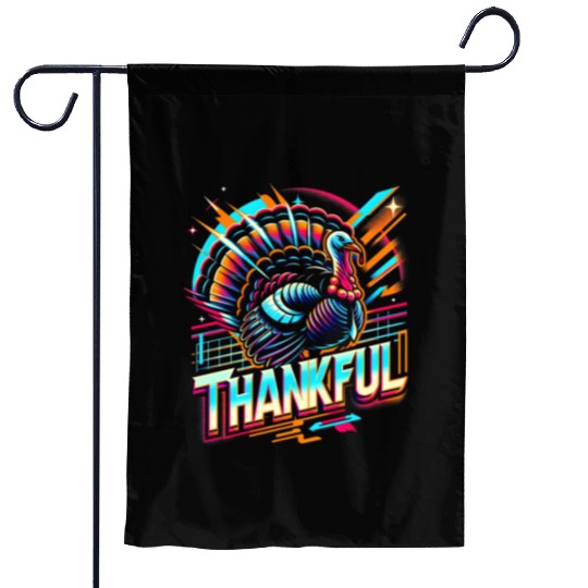 Thankful Retro Futuristic Turkey Thanksgiving Garden Flags