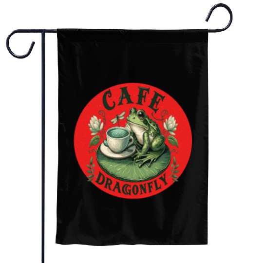 Cafe Dragonfly: Whimsical Serene Frog on Lily Pad Garden Flags