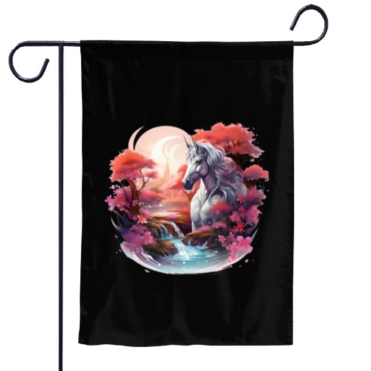 Joyful unicorn scene with a smiling unicorn Garden Flags