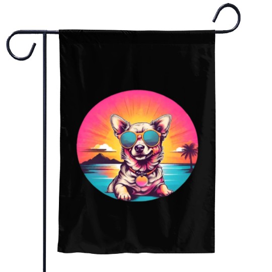 Retro dog wearing sunglasses - Neon sunset Garden Flags