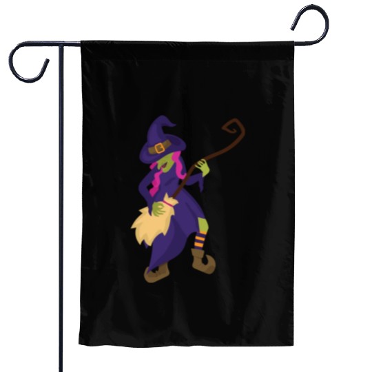 Halloween Witch Using Broom As Guitar Garden Flags