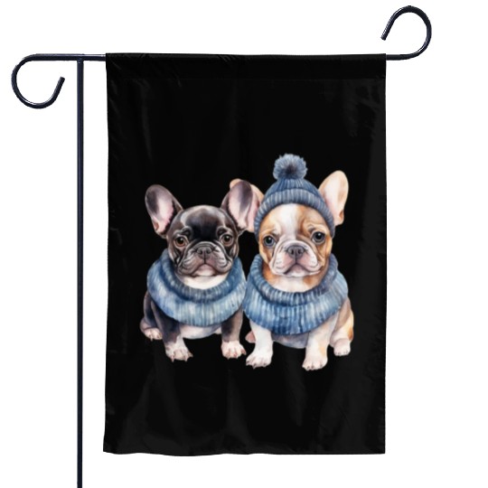 Winter Christmas Bulldogs with Blue Hats Garden Flags