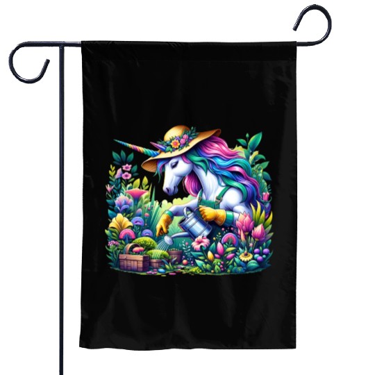 Botanist Unicorn in a Magical Garden Garden Flags