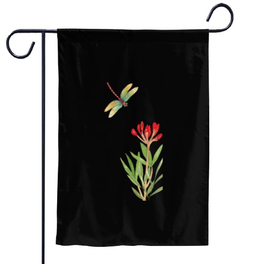 dragonfly flying over a plant Garden Flags