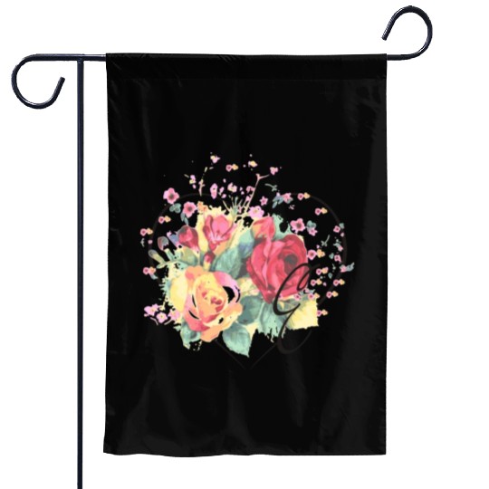Letter E Monogram Floral Roses Heart Garden Flags