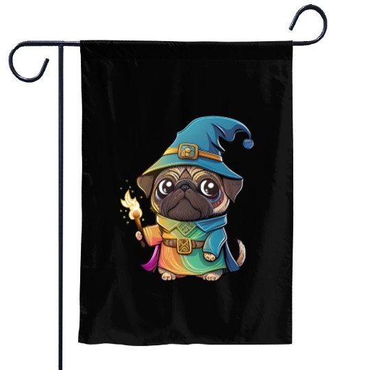 Colorful Kawaii Pug Wizard Garden Flags