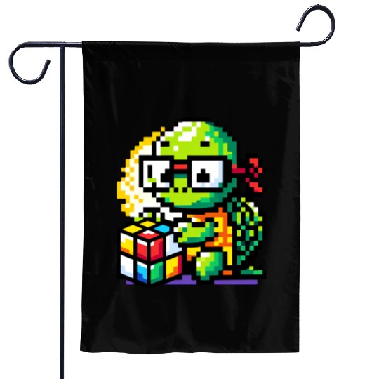 Rubik's Cube & Pixel Turtle - A Brainy Challenge Garden Flags