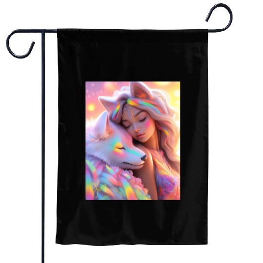 Rainbow Friends - White Wolf and Girl Garden Flags