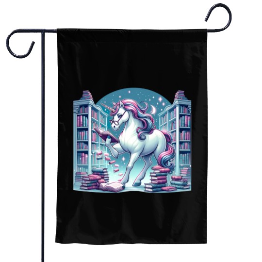 Unicorn Librarian in Enchanted Library Garden Flags